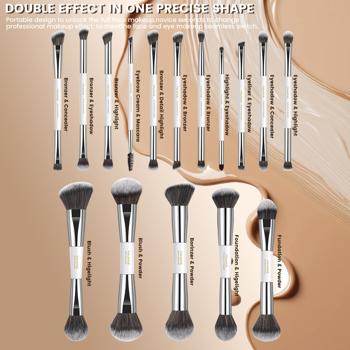 MAANGE Private Label Professional Wholesale 16pcs Double-ended Brush Eye Shadow Loose Powder Foundation Liquid Makeup Brush Set - 图片 7
