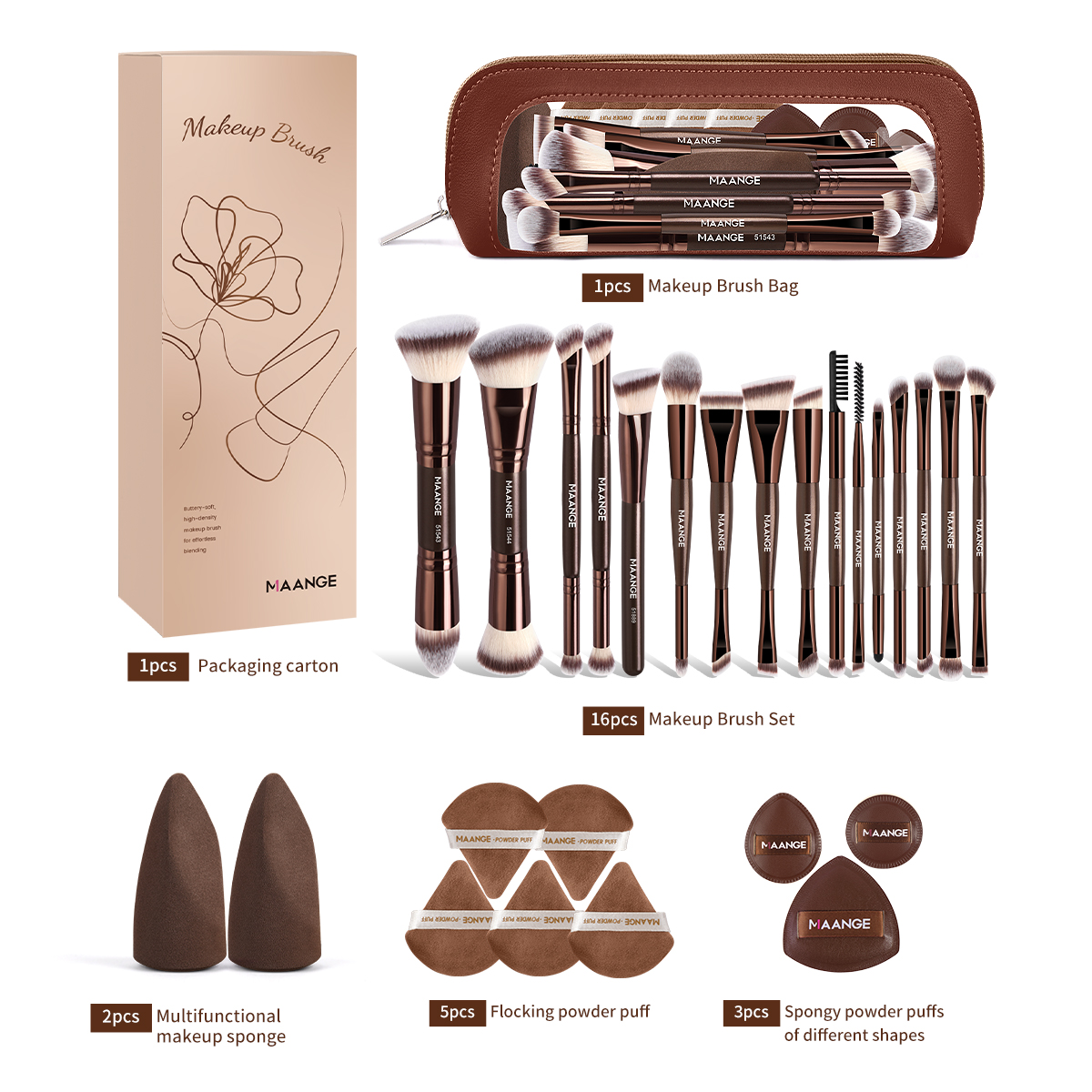 MAANGE Wholesale 16pcs Makeup Brush 10pcs Powder Puff Makeup Bag Foundation Loose Powder Eyeshadow Facial Makeup Brush Set - 图片 2