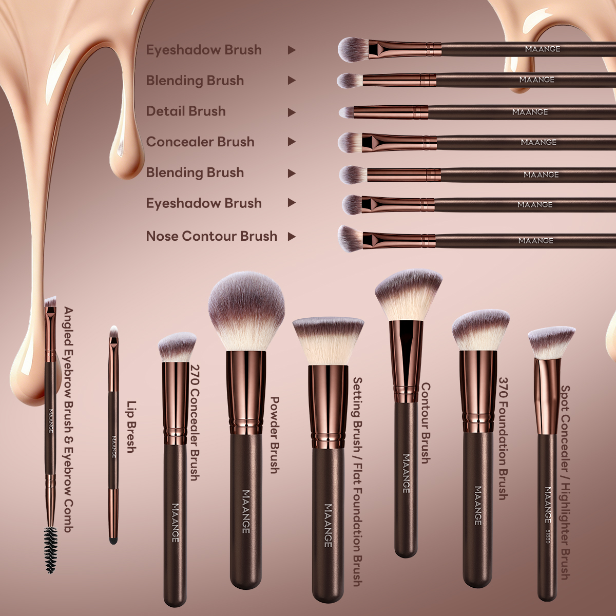 MAANGE Wholesale 15pcs Makeup Brushes Concealer Loose Powder Foundational Facial Professional Makeup Brush Set - 图片 2