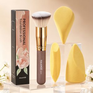 MAANGE  Wholesale Private Label Single Makeup Brush Liquid Flat Foundation Brush 3pcs Powder Puff Professional Makeup Brush