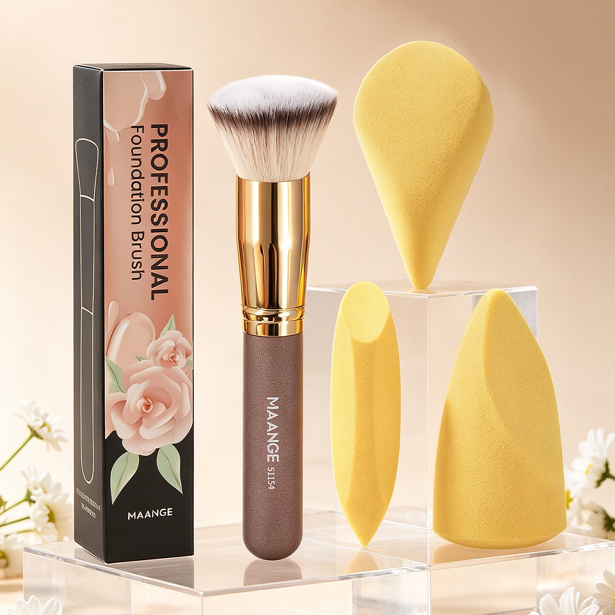 MAANGE  Wholesale Private Label Single Makeup Brush Liquid Flat Foundation Brush 3pcs Powder Puff Professional Makeup Brush - 图片 1