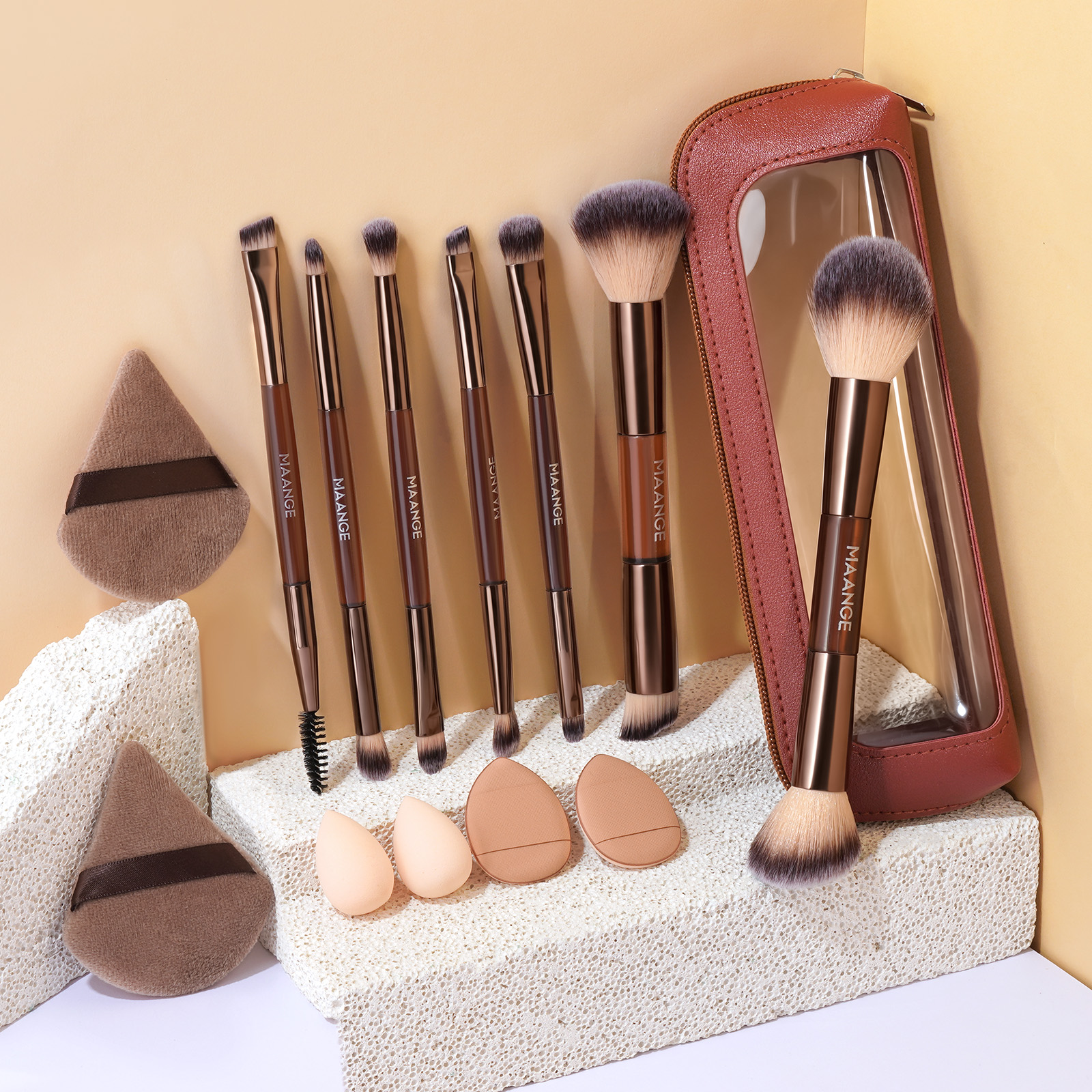 MAANGE Wholesale 7PCS Double-ended Makeup Brush Set 6PCS Powder Puff Makeup Bag Professional Facial Makeup Brush Set - 图片 2