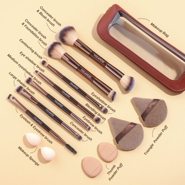 MAANGE Wholesale 7PCS Double-ended Makeup Brush Set 6PCS Powder Puff Makeup Bag Professional Facial Makeup Brush Set