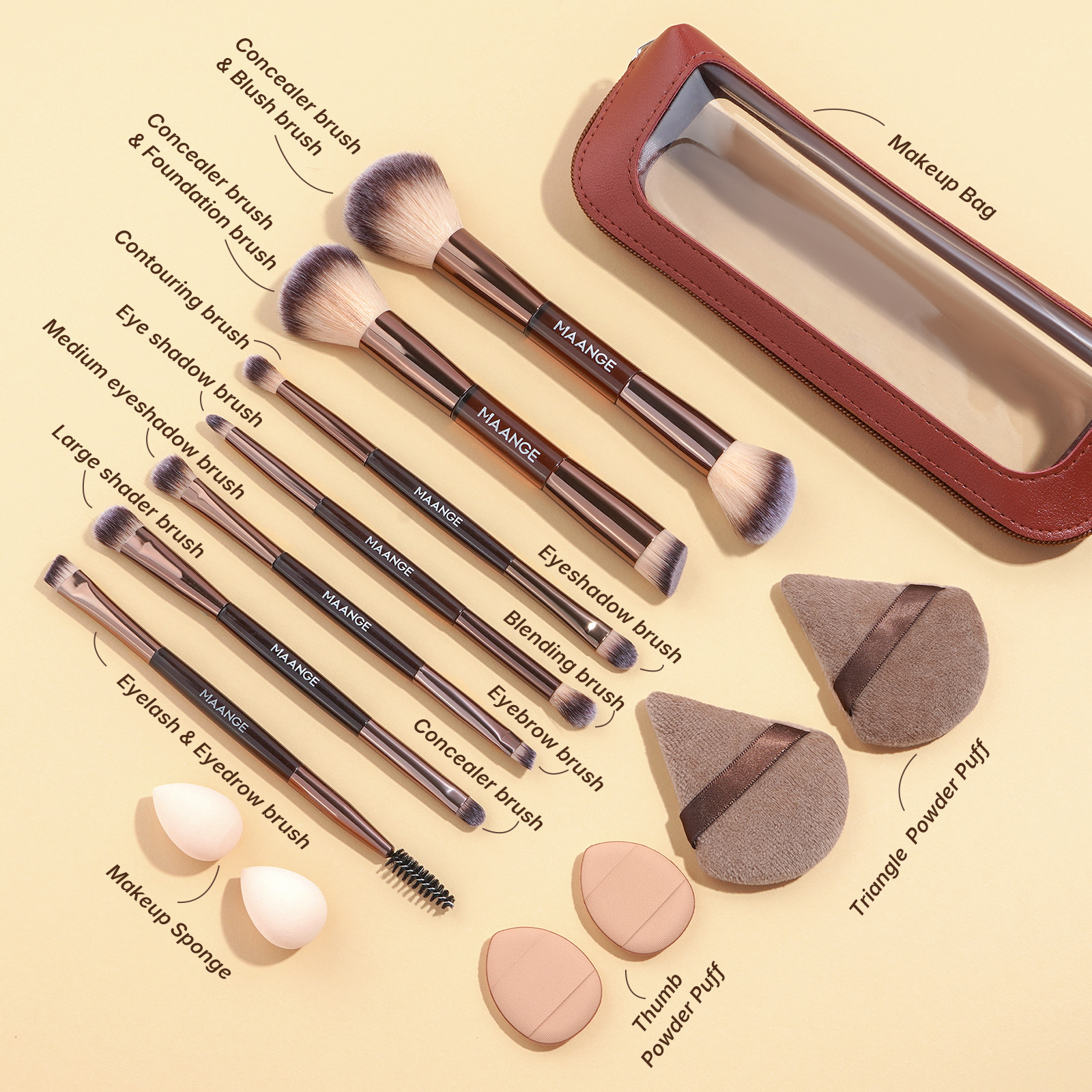 MAANGE Wholesale 7PCS Double-ended Makeup Brush Set 6PCS Powder Puff Makeup Bag Professional Facial Makeup Brush Set - 图片 3