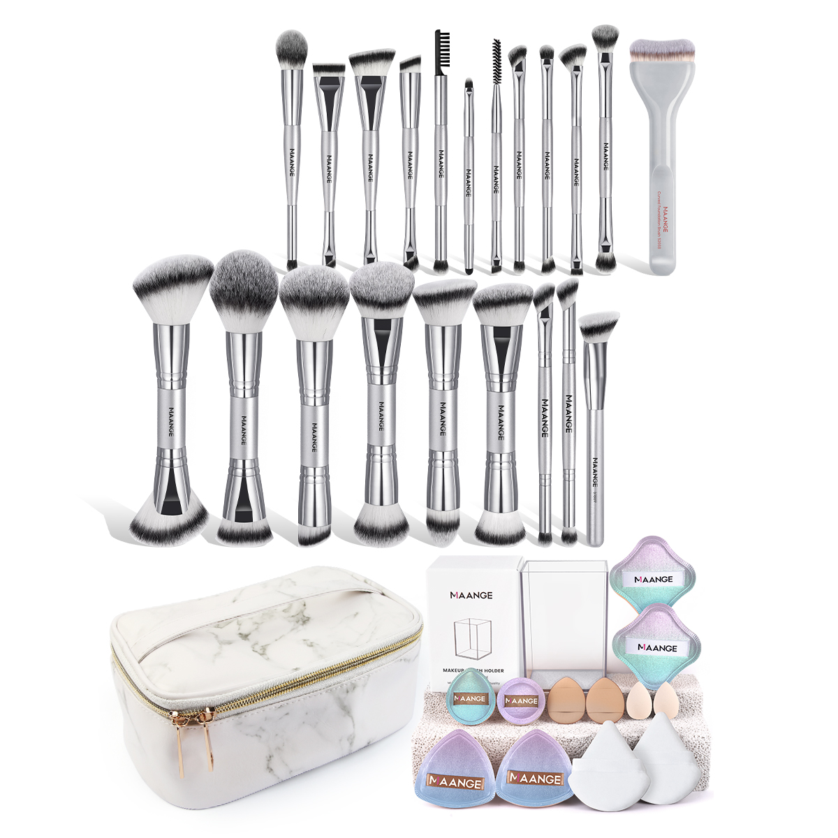 MAANGE Wholesale Custom OEM&ODM 21pcs Makeup Brush  12pcs Powder Puff Makeup Bag Makeup Tools Facial Professional Makeup Brushes - 图片 1