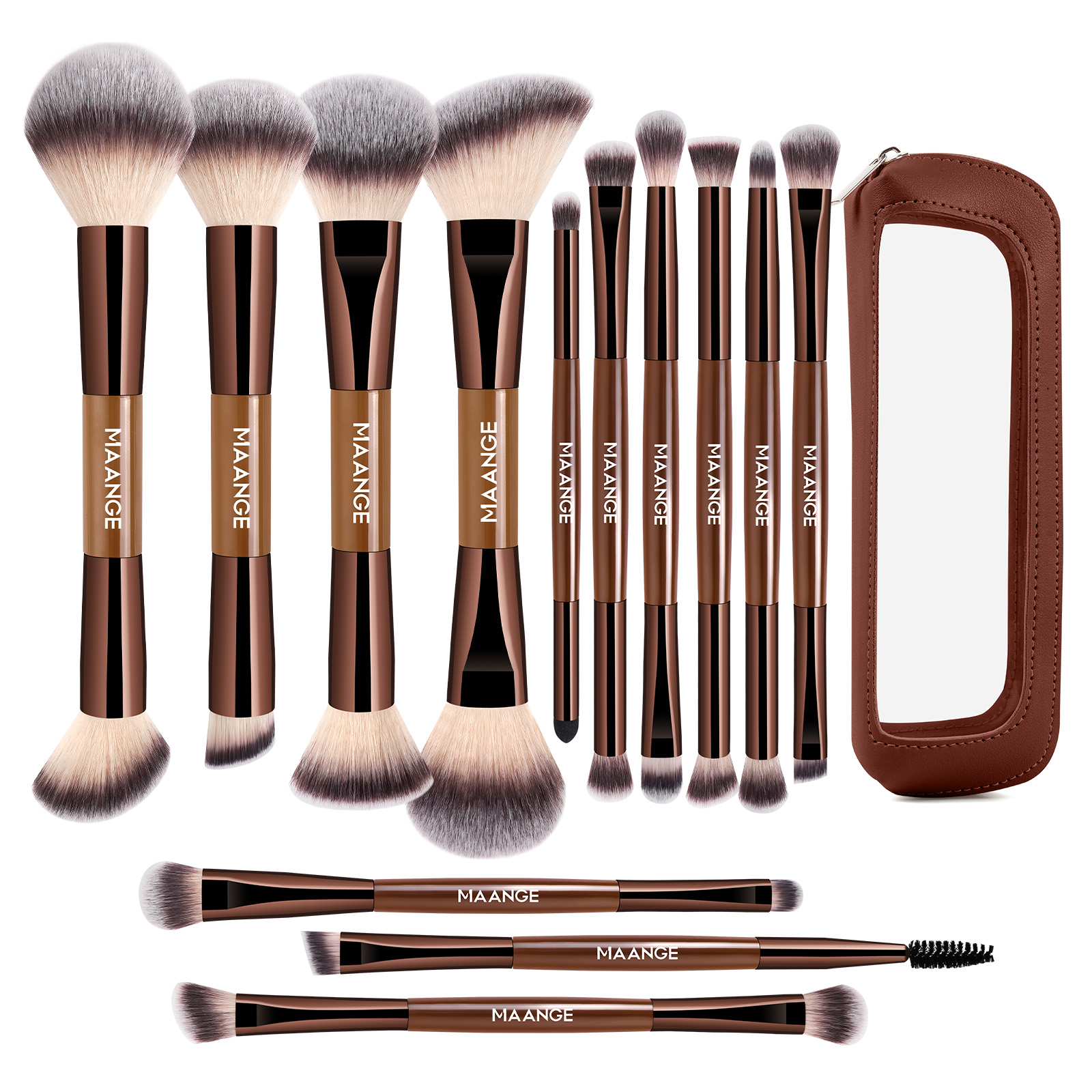 MAANGE 13 Pcs Foundation Makeup Brush Set With Bag, Make up Brushes, Double-End Multi Functional Makeup Brushes , Professional Face Brush Set Tools For Liquid Powder Concealer Cream Blush (Coffee) - 图片 1