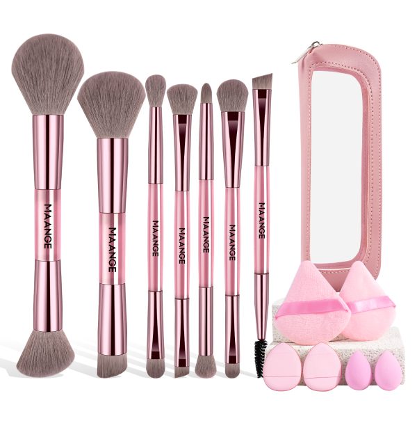 MAANGE 7 PCS Foundation Makeup Brushes with Makeup Sponge & Travel Case(Pink)Includes Powder Puffs & Mini Makeup Sponges, Soft Dense Synthetic Bristles for Foundation, Blush, Concealer & Eyeshadow