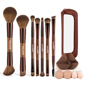 MAANGE 7 PCS Foundation Makeup Brushes with Makeup Sponge & Travel Case(Brown)Includes Powder Puffs & Mini Makeup Sponges, Soft Dense Synthetic Bristles for Foundation, Blush, Concealer & Eyeshadow