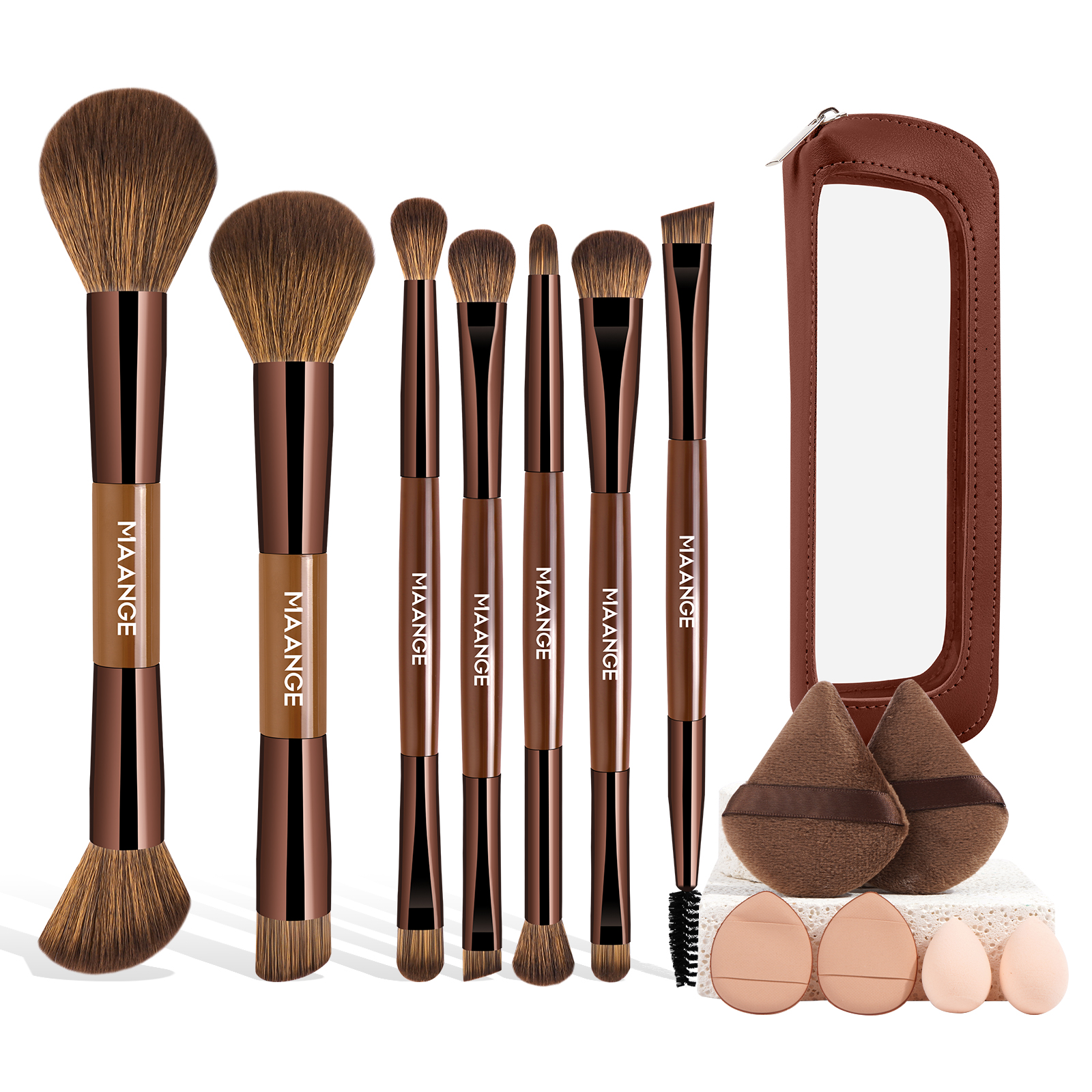 MAANGE 7 PCS Foundation Makeup Brushes with Makeup Sponge & Travel Case(Brown)Includes Powder Puffs & Mini Makeup Sponges, Soft Dense Synthetic Bristles for Foundation, Blush, Concealer & Eyeshadow - 图片 1