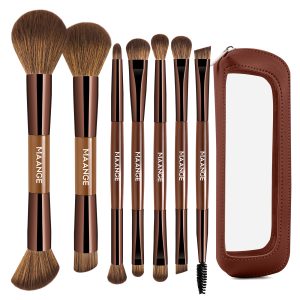 MAANGE 7 PCS Foundation Makeup Brush Set With Bag, Make up Brushes, Eyeshadow Concealer Brush, Double-ended Foundation Contour Powder Blush, Professional Face brush Set Tools For Liquid,Cream (Brown)