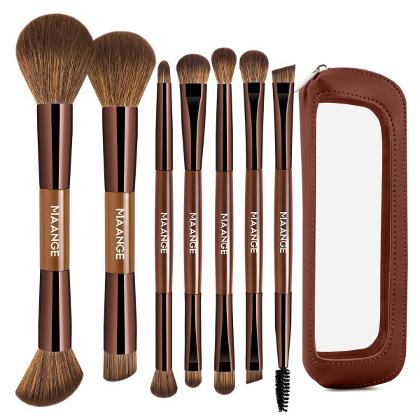 MAANGE 7 PCS Foundation Makeup Brush Set With Bag, Make up Brushes, Eyeshadow Concealer Brush, Double-ended Foundation Contour Powder Blush, Professional Face brush Set Tools For Liquid,Cream (Brown)