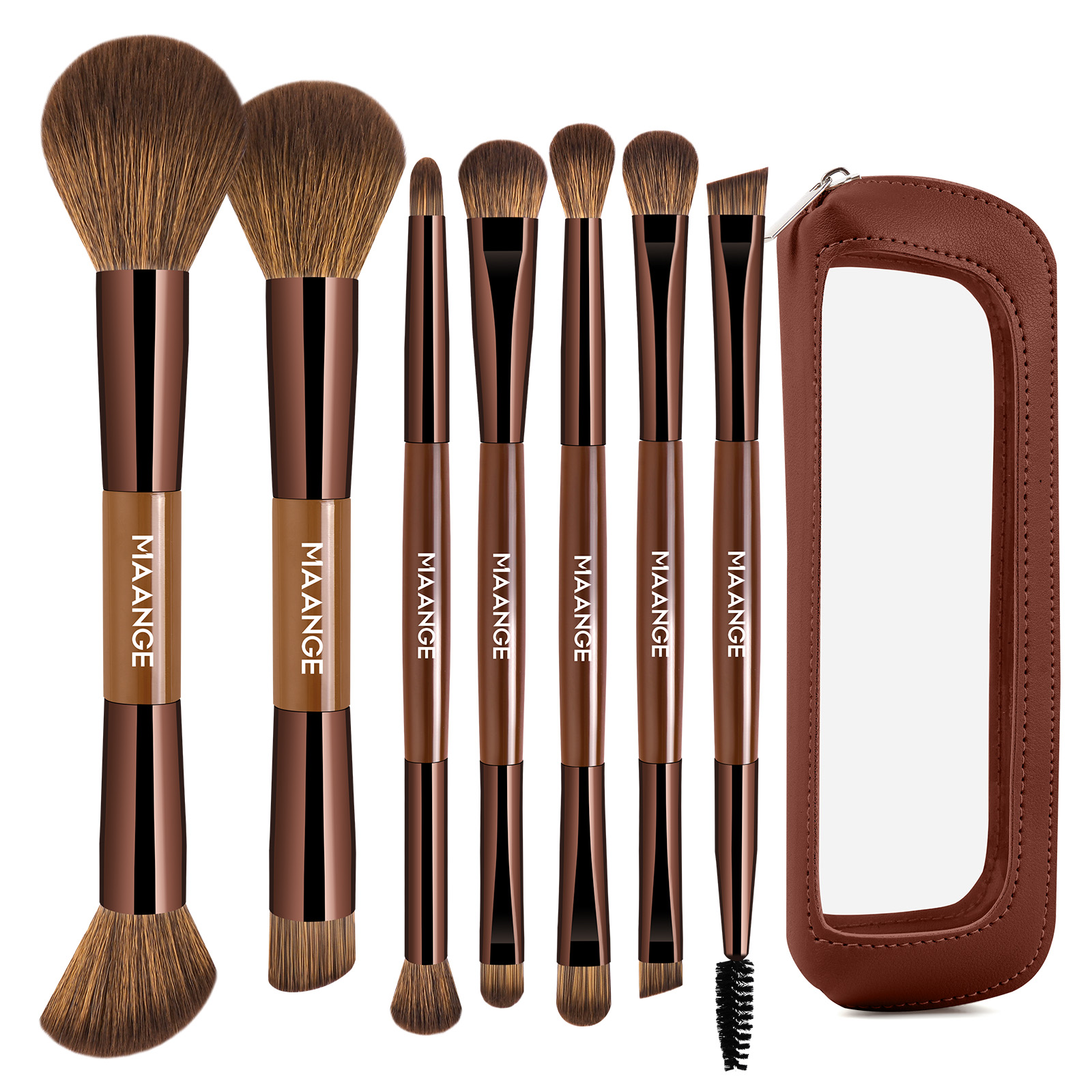 MAANGE 7 PCS Foundation Makeup Brush Set With Bag, Make up Brushes, Eyeshadow Concealer Brush, Double-ended Foundation Contour Powder Blush, Professional Face brush Set Tools For Liquid,Cream (Brown) - 图片 1