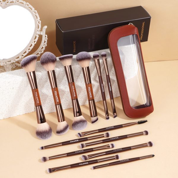 MAANGE 13 Pcs Foundation Makeup Brush Set With Bag, Make up Brushes, Double-End Multi Functional Makeup Brushes , Professional Face Brush Set Tools For Liquid Powder Concealer Cream Blush (Coffee)