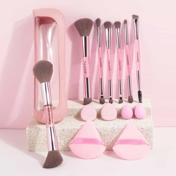 MAANGE 7 PCS Foundation Makeup Brushes with Makeup Sponge & Travel Case(Pink)Includes Powder Puffs & Mini Makeup Sponges, Soft Dense Synthetic Bristles for Foundation, Blush, Concealer & Eyeshadow
