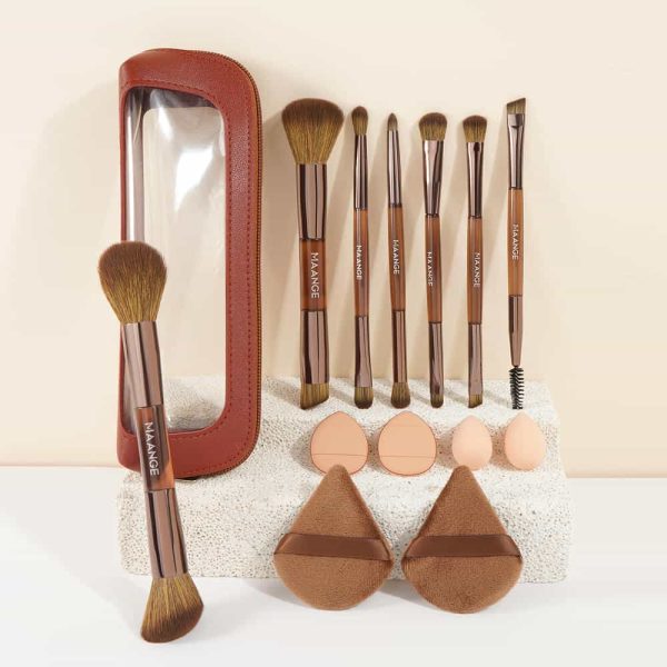 MAANGE 7 PCS Foundation Makeup Brushes with Makeup Sponge & Travel Case(Brown)Includes Powder Puffs & Mini Makeup Sponges, Soft Dense Synthetic Bristles for Foundation, Blush, Concealer & Eyeshadow