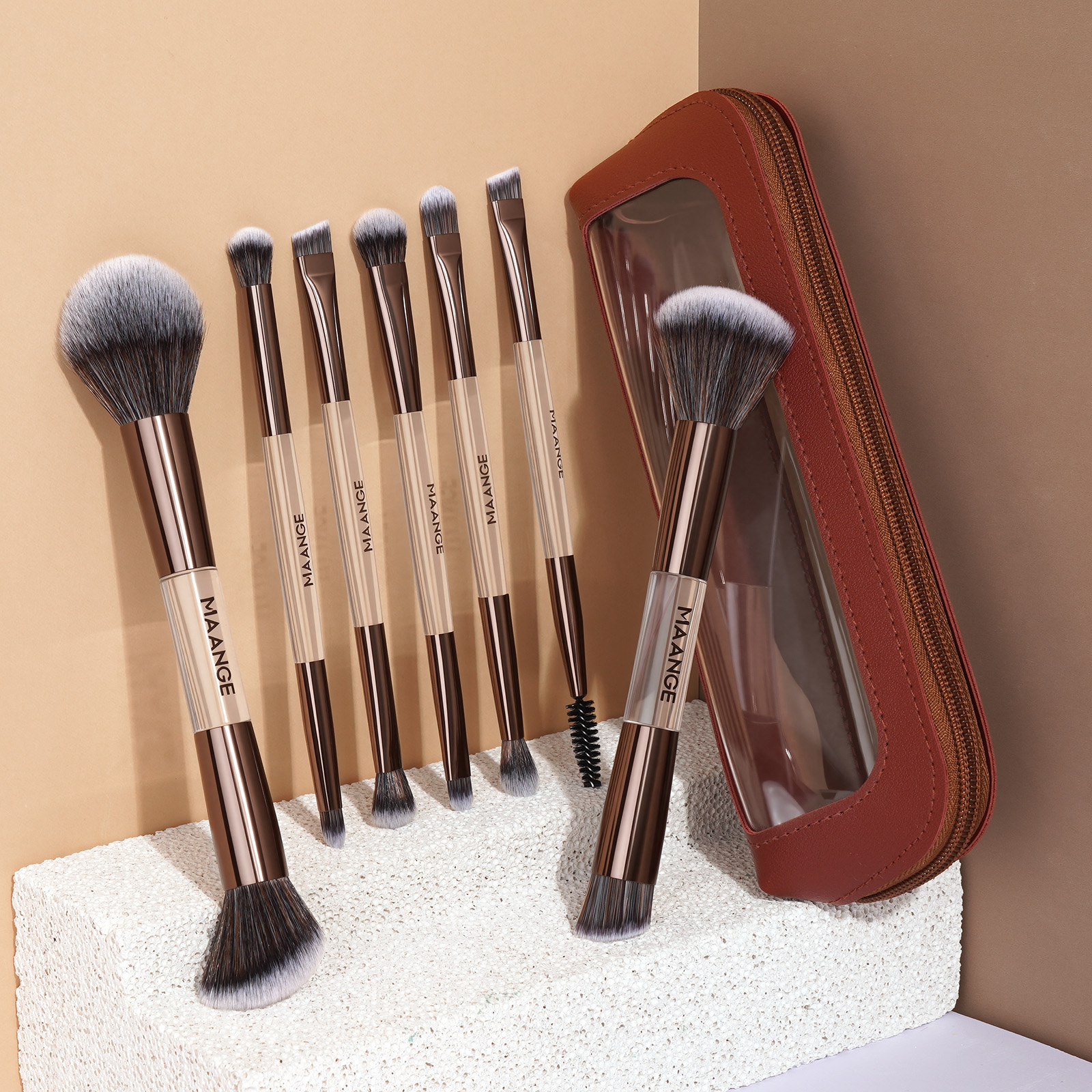 MAANGE 7 PCS Foundation Makeup Brush Set With Bag, Make up Brushes, Eyeshadow Concealer Brush, Double-ended Foundation Contour Powder Blush, Professional Face brush Set Tools For Liquid,Cream (Gray) - 图片 2