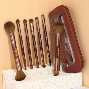 MAANGE 7 PCS Foundation Makeup Brush Set With Bag, Make up Brushes, Eyeshadow Concealer Brush, Double-ended Foundation Contour Powder Blush, Professional Face brush Set Tools For Liquid,Cream (Brown) - 图片 8