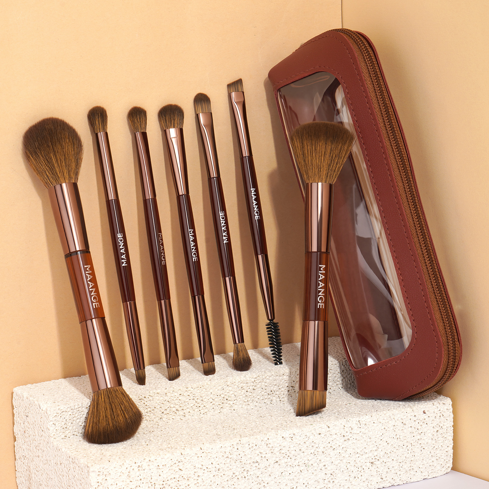 MAANGE 7 PCS Foundation Makeup Brush Set With Bag, Make up Brushes, Eyeshadow Concealer Brush, Double-ended Foundation Contour Powder Blush, Professional Face brush Set Tools For Liquid,Cream (Brown) - 图片 8