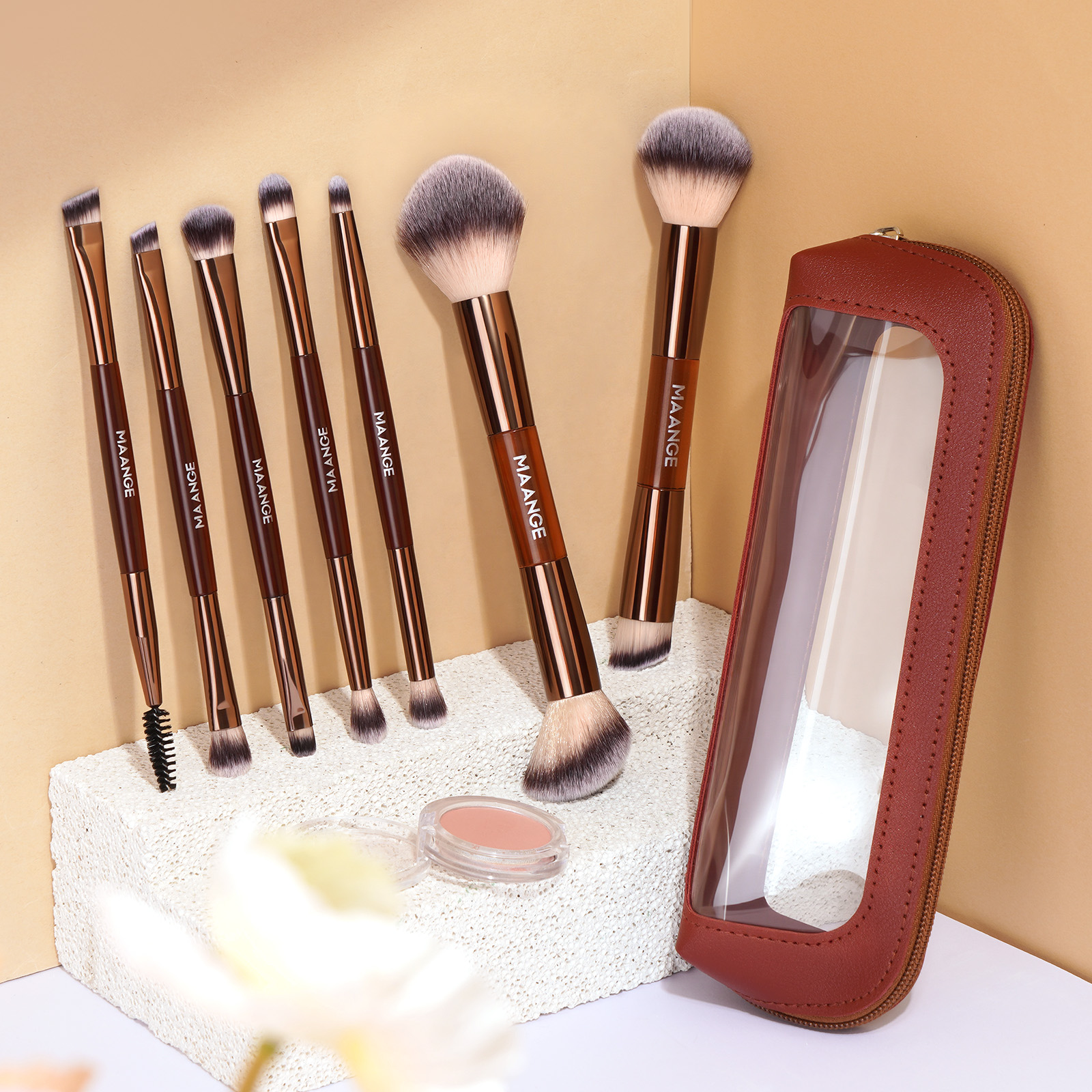 MAANGE 7 PCS Foundation Makeup Brush Set With Bag, Make up Brushes, Eyeshadow Concealer Brush, Double-ended Foundation Contour Powder Blush, Professional Face brush Set Tools For Liquid,Cream(Apricot) - 图片 2