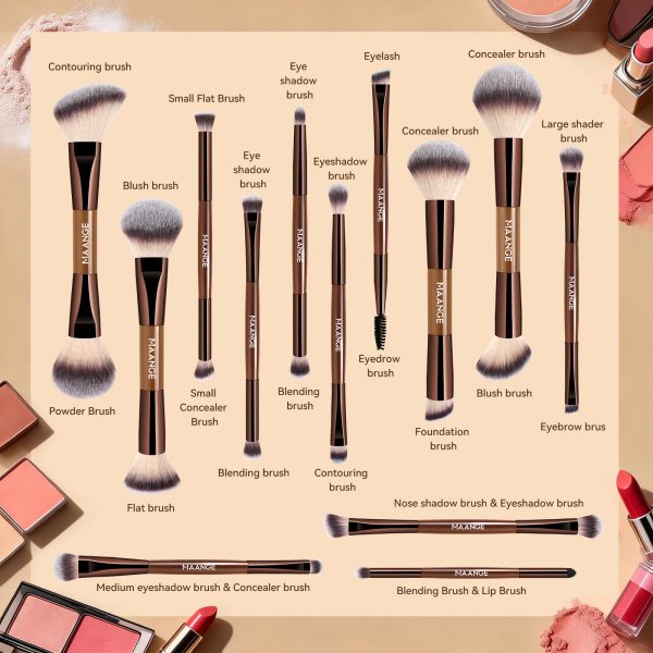 MAANGE 13 Pcs Foundation Makeup Brush Set With Bag, Make up Brushes, Double-End Multi Functional Makeup Brushes , Professional Face Brush Set Tools For Liquid Powder Concealer Cream Blush (Coffee)