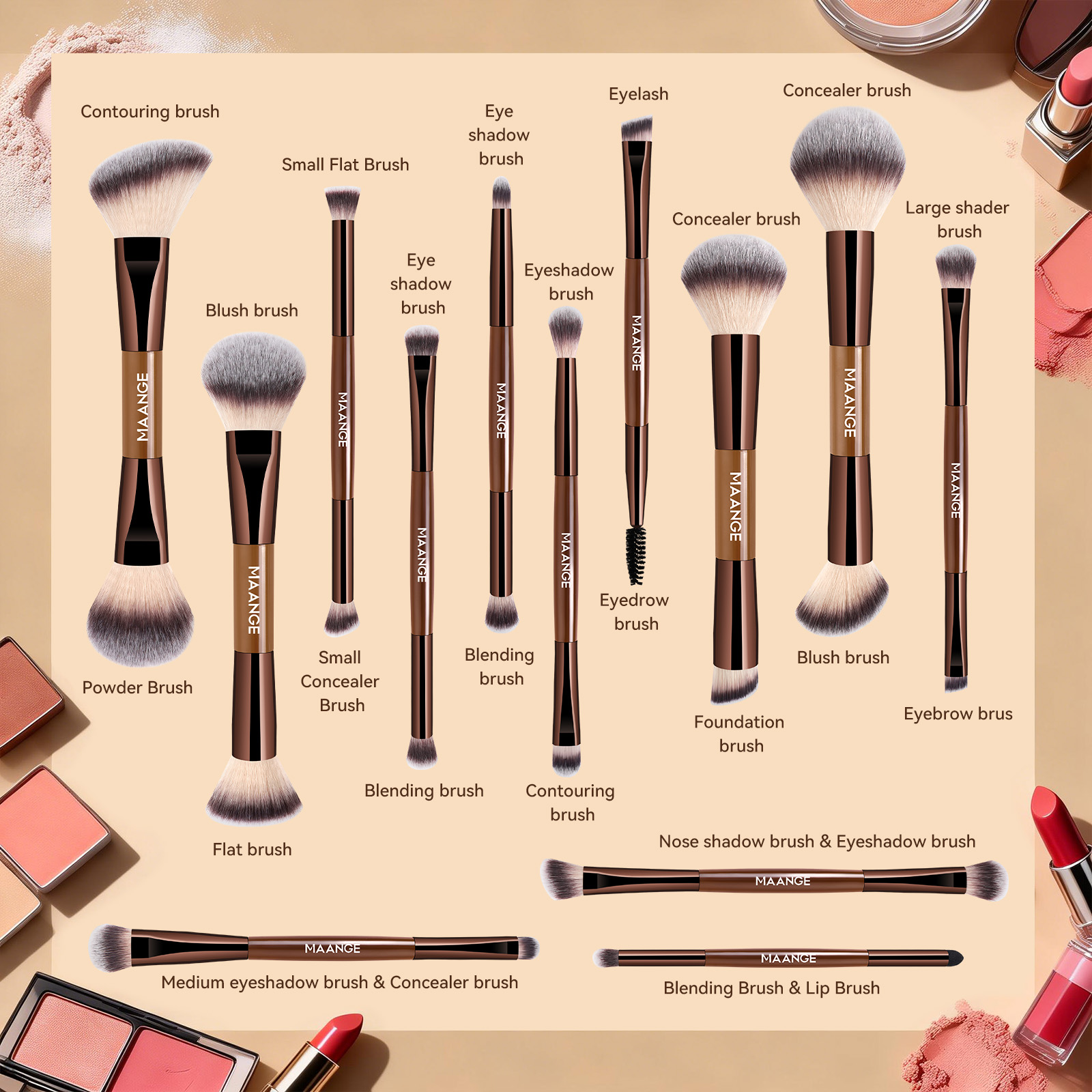 MAANGE 13 Pcs Foundation Makeup Brush Set With Bag, Make up Brushes, Double-End Multi Functional Makeup Brushes , Professional Face Brush Set Tools For Liquid Powder Concealer Cream Blush (Coffee) - 图片 6