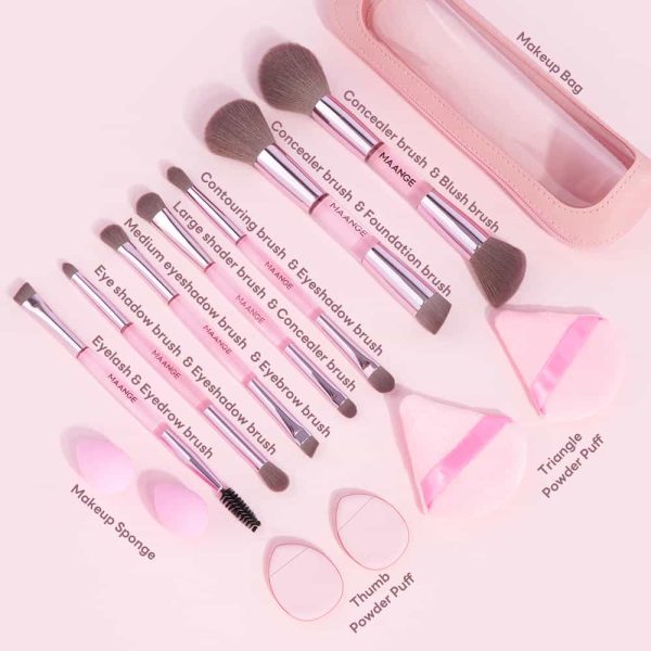 MAANGE 7 PCS Foundation Makeup Brushes with Makeup Sponge & Travel Case(Pink)Includes Powder Puffs & Mini Makeup Sponges, Soft Dense Synthetic Bristles for Foundation, Blush, Concealer & Eyeshadow