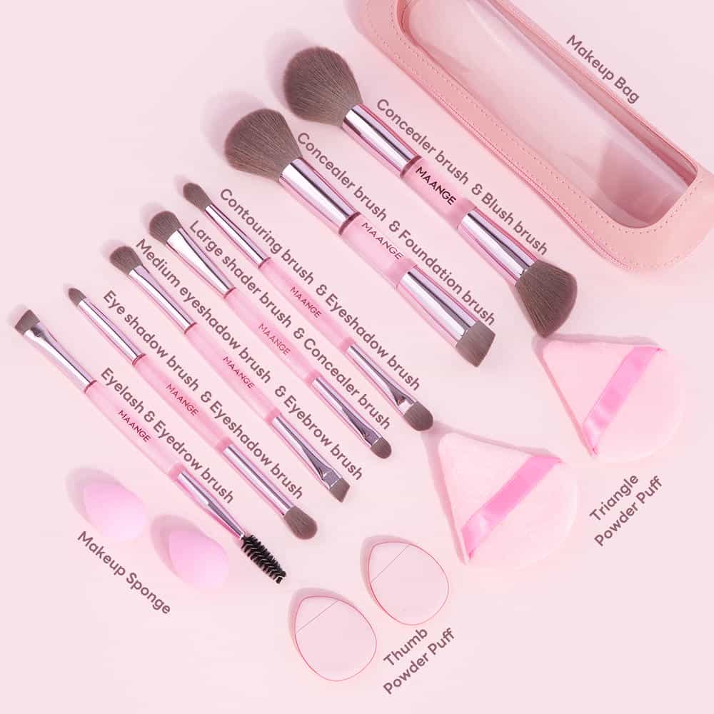 MAANGE 7 PCS Foundation Makeup Brushes with Makeup Sponge & Travel Case(Pink)Includes Powder Puffs & Mini Makeup Sponges, Soft Dense Synthetic Bristles for Foundation, Blush, Concealer & Eyeshadow - 图片 3