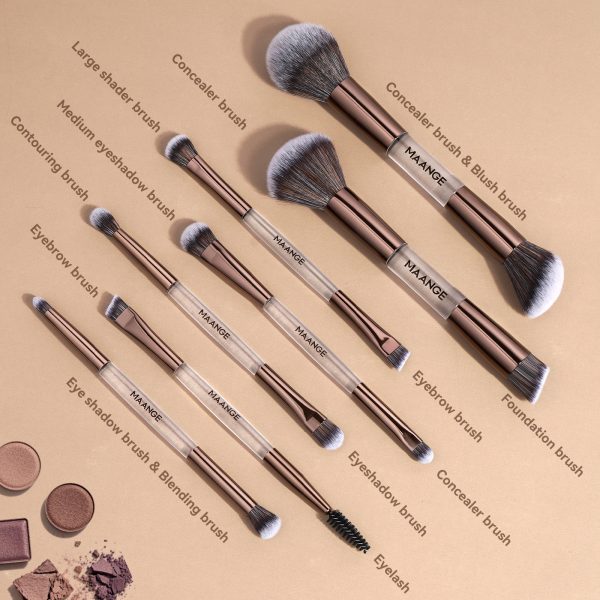 MAANGE 7 PCS Foundation Makeup Brush Set With Bag, Make up Brushes, Eyeshadow Concealer Brush, Double-ended Foundation Contour Powder Blush, Professional Face brush Set Tools For Liquid,Cream (Gray)