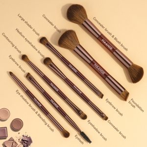 MAANGE 7 PCS Foundation Makeup Brush Set With Bag, Make up Brushes, Eyeshadow Concealer Brush, Double-ended Foundation Contour Powder Blush, Professional Face brush Set Tools For Liquid,Cream (Brown) - 图片 3