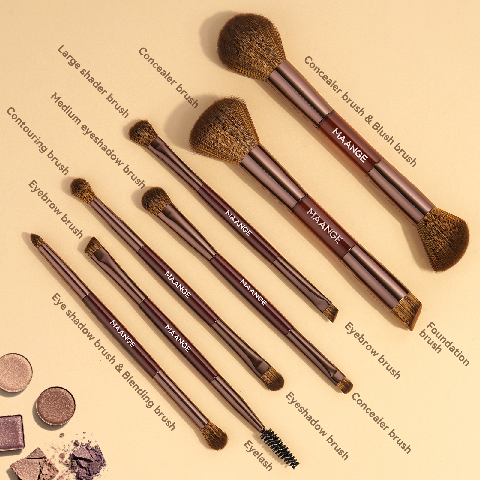 MAANGE 7 PCS Foundation Makeup Brush Set With Bag, Make up Brushes, Eyeshadow Concealer Brush, Double-ended Foundation Contour Powder Blush, Professional Face brush Set Tools For Liquid,Cream (Brown) - 图片 3