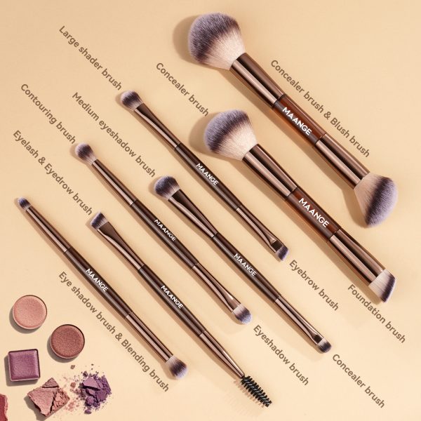 MAANGE 7 PCS Foundation Makeup Brush Set With Bag, Make up Brushes, Eyeshadow Concealer Brush, Double-ended Foundation Contour Powder Blush, Professional Face brush Set Tools For Liquid,Cream(Apricot)