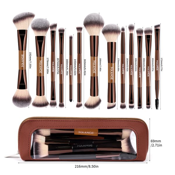 MAANGE 13 Pcs Foundation Makeup Brush Set With Bag, Make up Brushes, Double-End Multi Functional Makeup Brushes , Professional Face Brush Set Tools For Liquid Powder Concealer Cream Blush (Coffee)