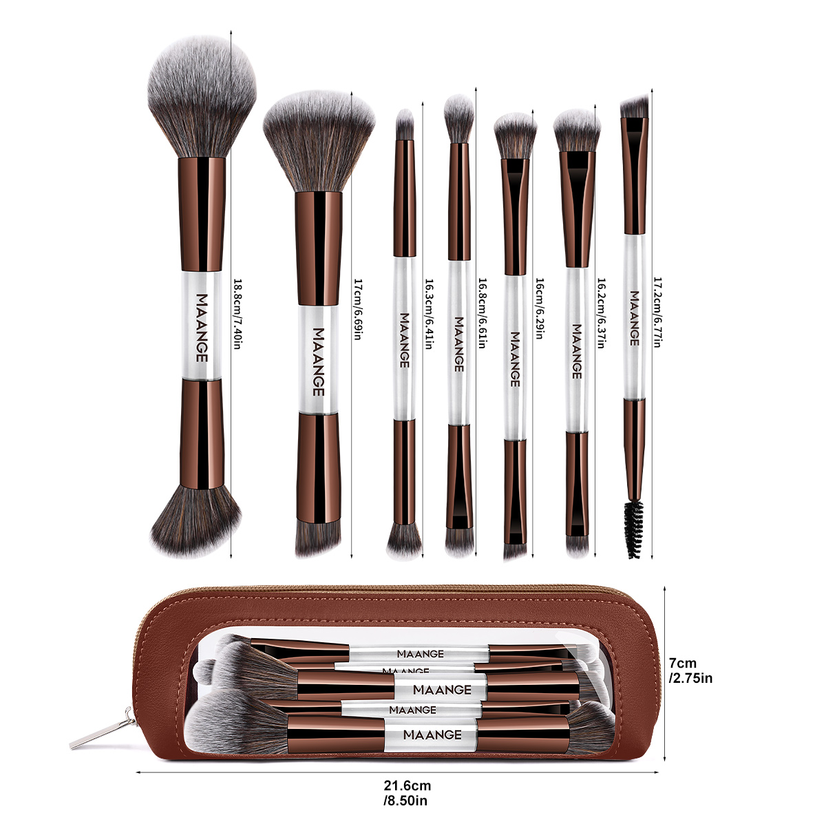 MAANGE 7 PCS Foundation Makeup Brush Set With Bag, Make up Brushes, Eyeshadow Concealer Brush, Double-ended Foundation Contour Powder Blush, Professional Face brush Set Tools For Liquid,Cream (Gray) - 图片 9