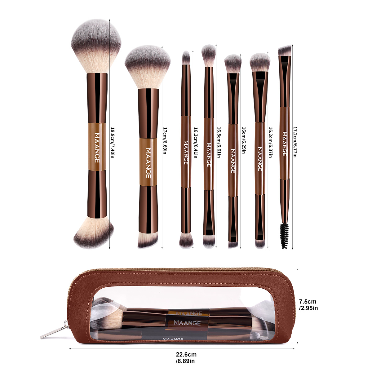 MAANGE 7 PCS Foundation Makeup Brush Set With Bag, Make up Brushes, Eyeshadow Concealer Brush, Double-ended Foundation Contour Powder Blush, Professional Face brush Set Tools For Liquid,Cream(Apricot) - 图片 8