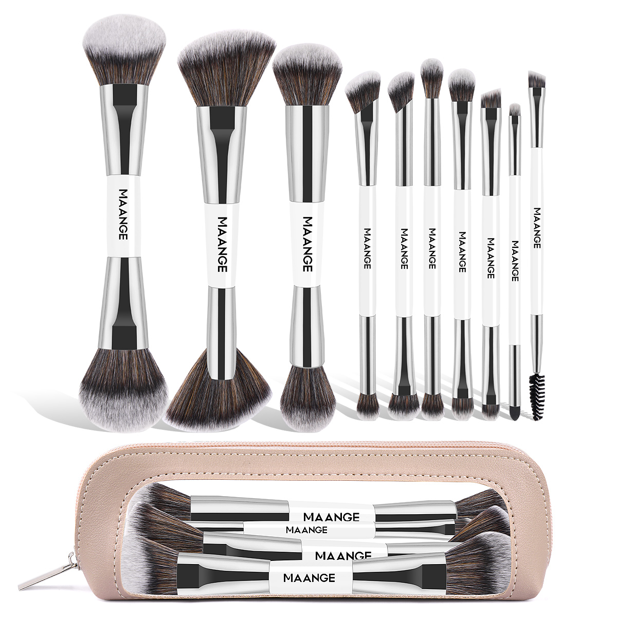 MAANGE Custom logo 10PCS Double-ended Professional Makeup Brushes Set Foundation Eyeshadow Powder  Facial Makeup Brushes Set - 图片 1