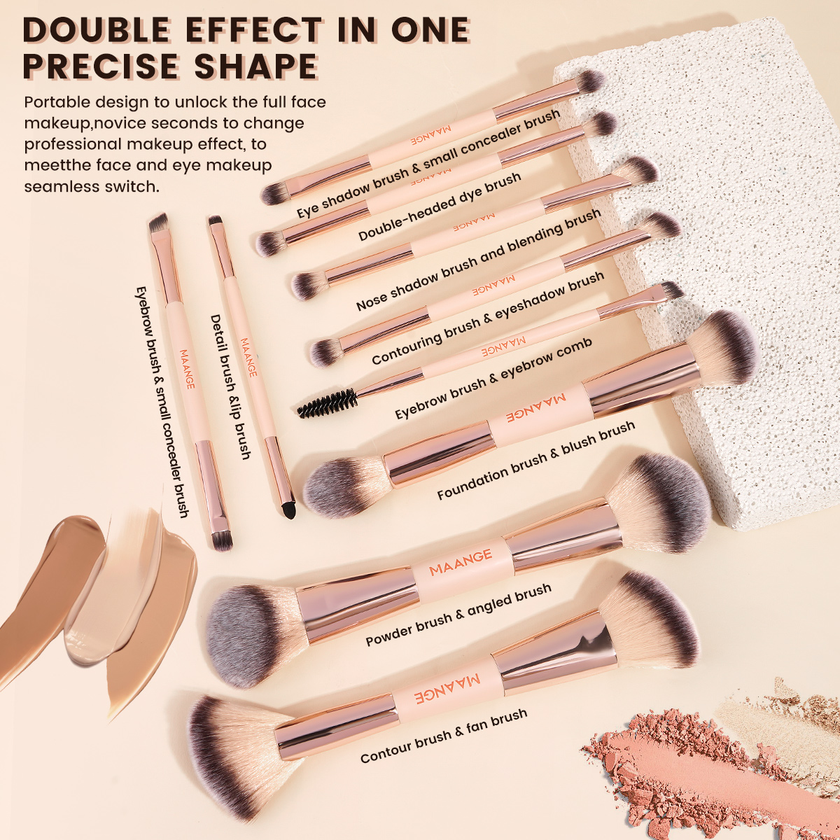 MAANGE Wholesale 10PCS Double-ended Professional Makeup Brushes Set Foundation Eyeshadow Blush Facial Makeup Brushes Kit - 图片 6