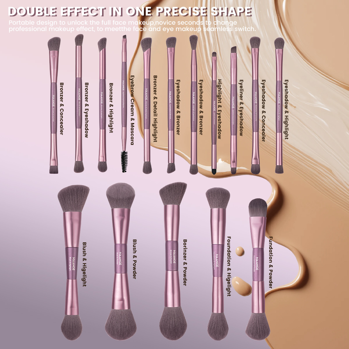 MAANGE New Arrival Luxury 16pcs Double-ended Brush Eye Shadow Loose Powder Foundation Liquid  Professional Makeup Brush Set - 图片 7