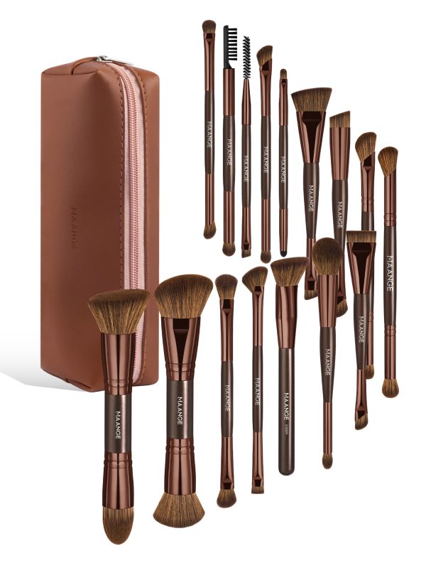 MAANGE Wholesale New Arrival 16pcs Double-ended Brush Eye Shadow Loose Powder Foundation Liquid Professional Makeup Brush Set
